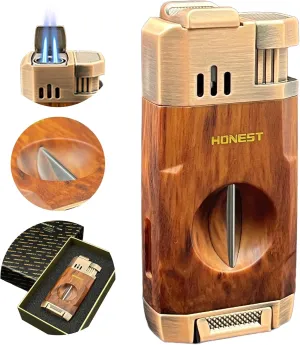 All-in-One Windproof Outdoor Lighter with Dual Jet Flame Built-in Cutter, Butane Refillable and Flames Adjustable, Visible Gas Tank, Portable for Travel, Candle Lovers, Box Included