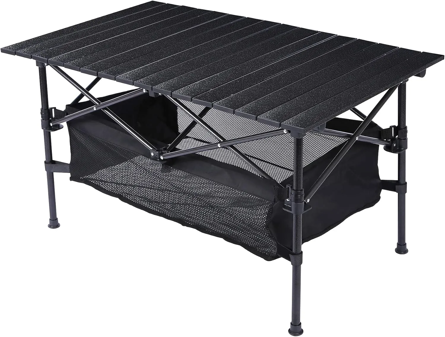 Aluminum Camping Table Roll Top with Mesh Storage, Folding Lightweight Roll Up Table for Outdoor Camping Grill, Black, 37x21.5 Inch (Height 20.5 Inch)