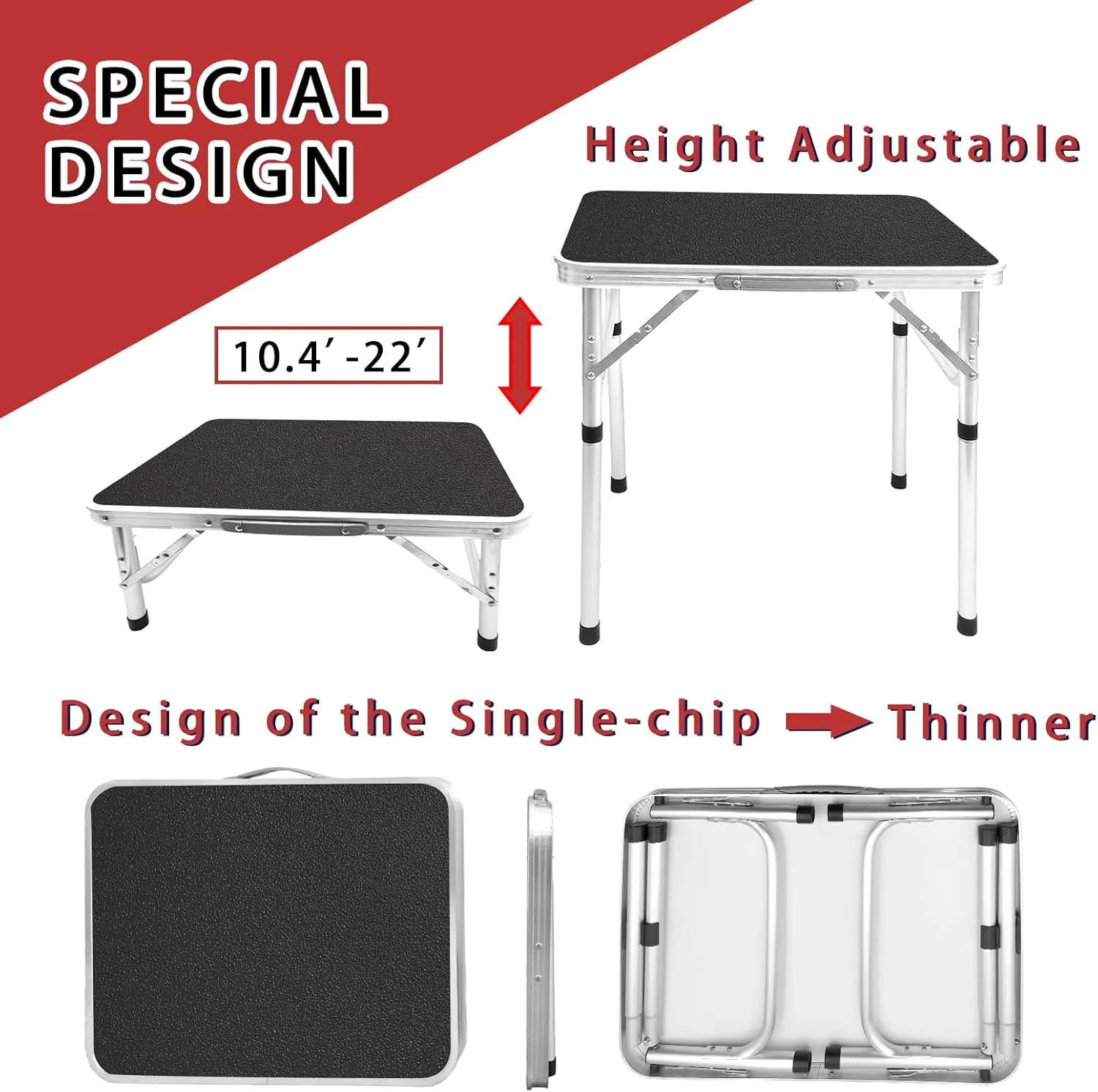 Aluminum Folding Small Table, Adjustable Height Lightweight Portable Camping Table for Picnic Beach Outdoor Indoor (Small) (BlackB)