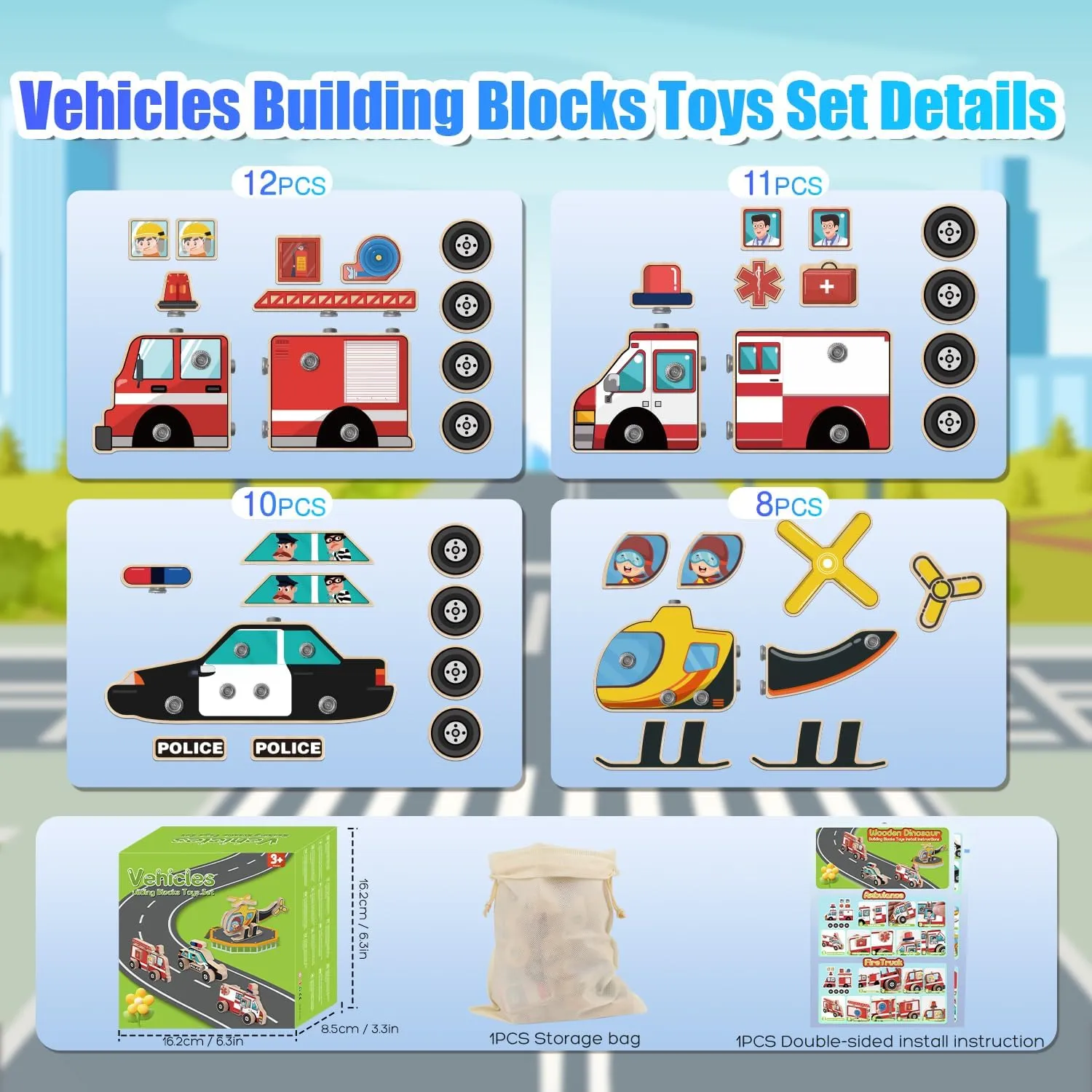 Ambulance Toys for Kids 3-8 Wooden Building Blocks Montessori Take Apart Toys for Toddlers 3 4 5 Years Old Boys Girls Fine Motor Skills Helicopter Learning Puzzles Children Gift