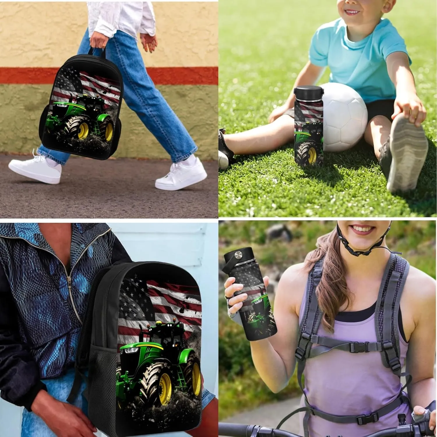 American Flag Boys Backpack 3-Pcs Set for Kids Tractor Book Bag with Lunch Box Water Bottle for Age 3-7 Children Bookbag 17 Inch Daypack for Back to School