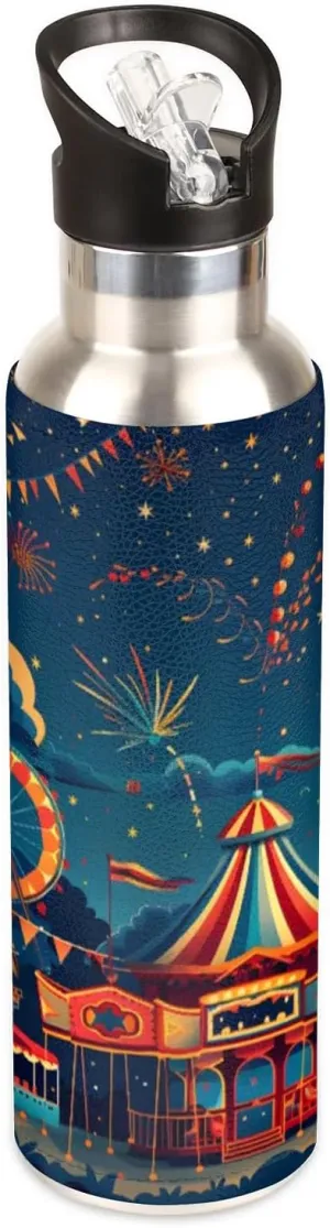 Amusement Park Firework Water Bottle 20 oz Insulated Thermos With Lid Stainless Steel Bottle Circle Sports Water Bottles Keep Hot Cold Leakproof Vacuum Water Flask