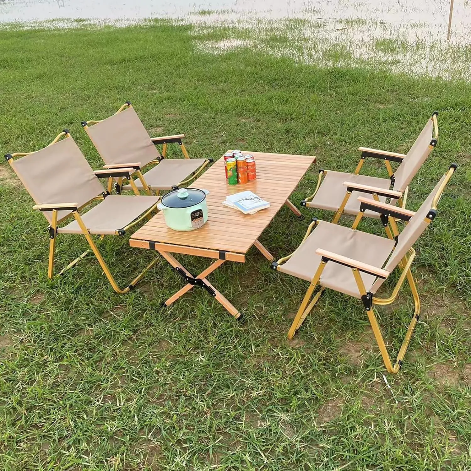 and Set - Foldable Camping Table and Chair, Easy to Fold and Store for Events Indoor Outdoor Use for All Occasions,Beige