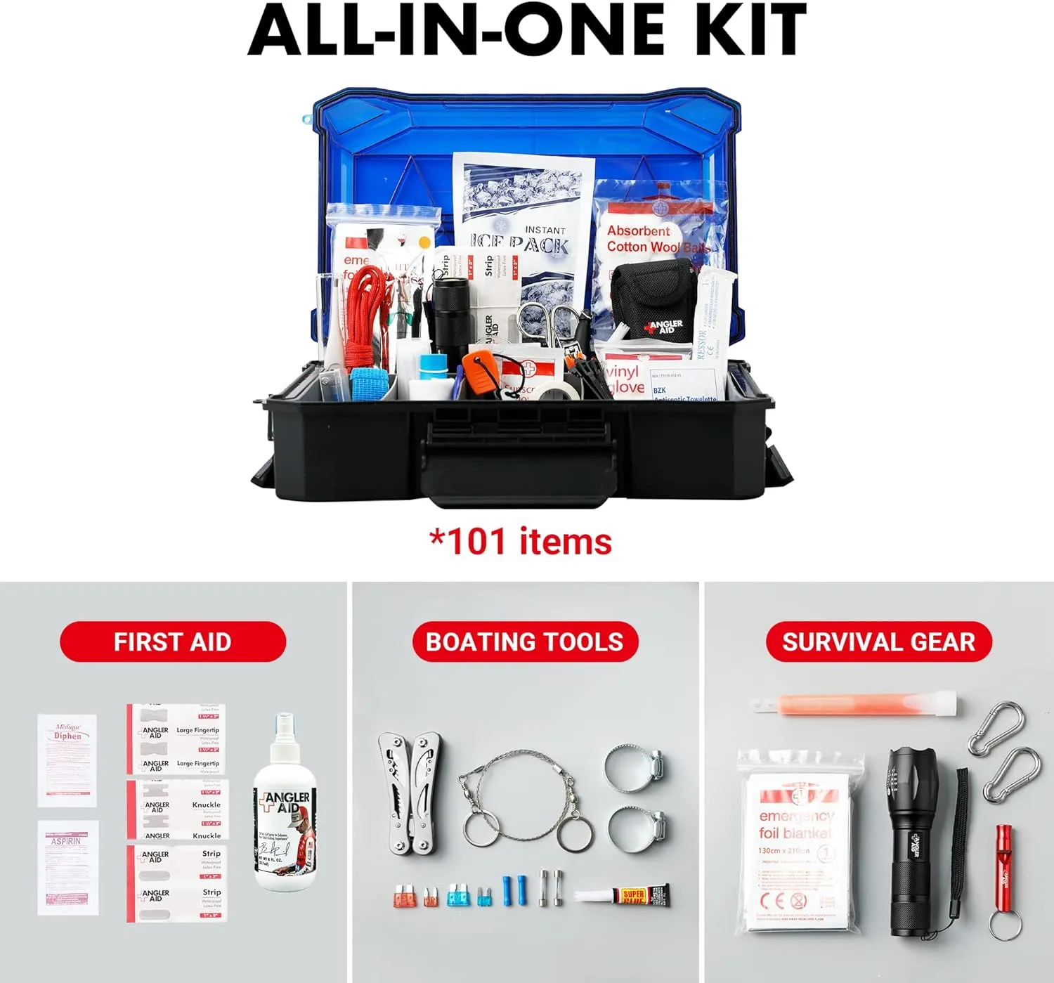 Angler Aid Pro Essentials Kit for Professional Anglers, 101 PCS Tools Including First Aid, Safety Items, Fishing Accessories, Boating Tools and Survival Gear