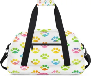 Animal Paws Gym Duffel Bag for Men Women Rainbow Colors Paw Print Sports Tote Bag with Adjustable Shoulder Strap for Dance Gymnastics Traveling Outdoor Camping Overnight Stay
