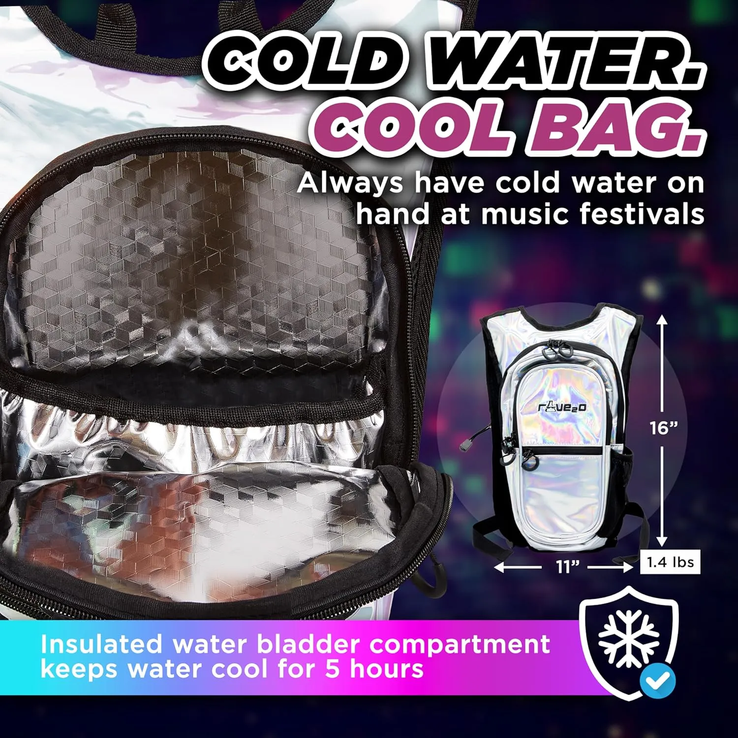 Anti Theft Rave Hydration Backpack - 1.5L Insulated Water Backpack for Raves, Festivals, Hiking, Running - Festival Hydration Pack for Men Women Kids Festival Essential
