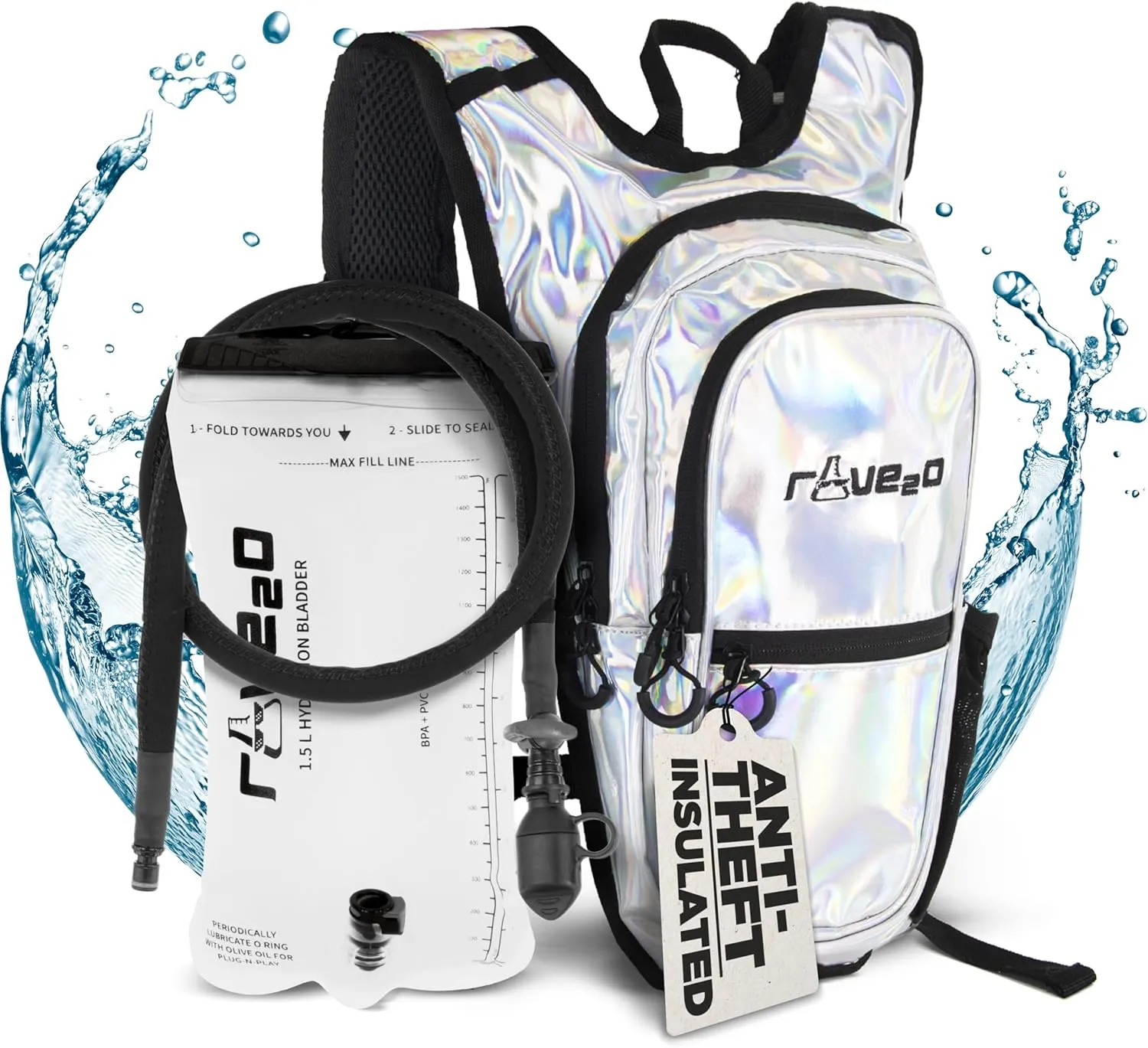 Anti Theft Rave Hydration Backpack - 1.5L Insulated Water Backpack for Raves, Festivals, Hiking, Running - Festival Hydration Pack for Men Women Kids Festival Essential