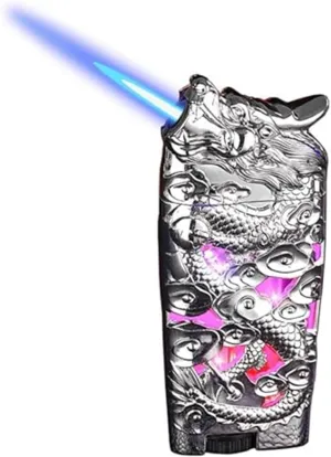Antique Embossed Metal Butane Lighters, Windproof Jet Flame, Illuminated Body, Adjustable Flame, Convenient Retro Lighter for Camping Fires (Fuel Not Included)(Silver)