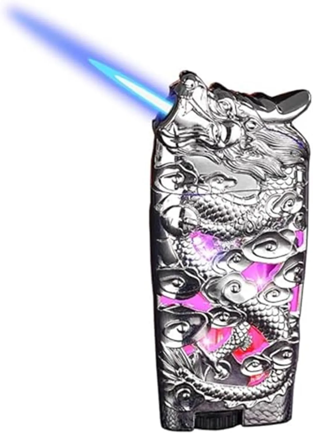 Antique Embossed Metal Butane Lighters, Windproof Jet Flame, Illuminated Body, Adjustable Flame, Convenient Retro Lighter for Camping Fires (Fuel Not Included)(Silver)