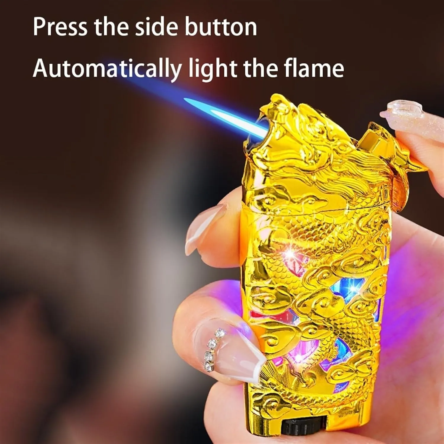 Antique Embossed Metal Butane Lighters, Windproof Jet Flame, Illuminated Body, Adjustable Flame, Convenient Retro Lighter for Camping Fires (Fuel Not Included)(Silver)