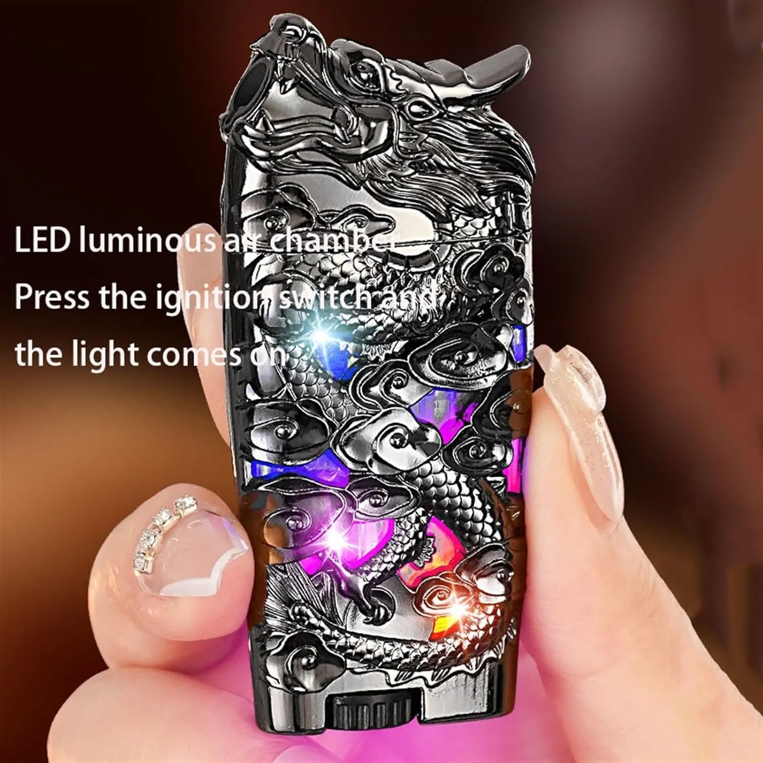 Antique Embossed Metal Butane Lighters, Windproof Jet Flame, Illuminated Body, Adjustable Flame, Convenient Retro Lighter for Camping Fires (Fuel Not Included)(Silver)