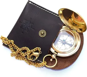 Antique Push Button Compass – Vintage Brass Pocket Compass with Leather Storage Box – Collectible Navigation Gift for Travelers & Explorers
