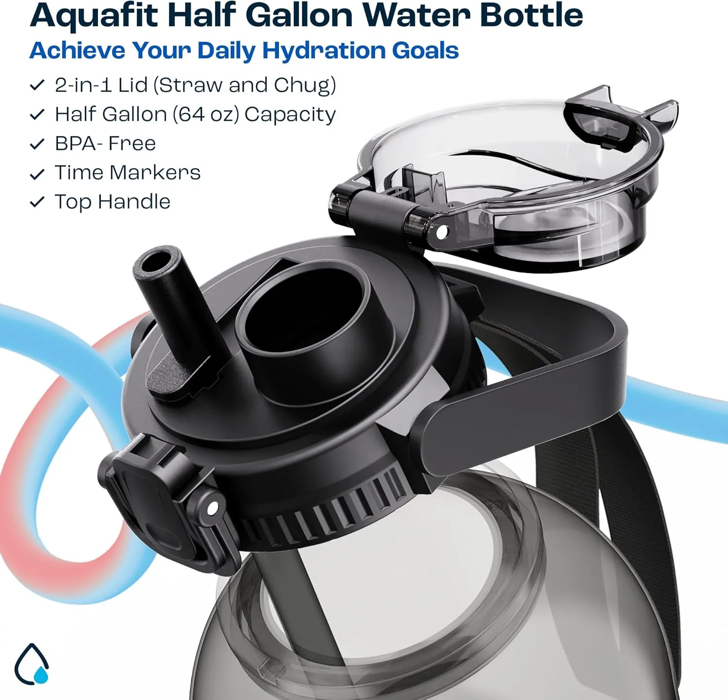 AQUAFIT 64 oz Water Bottle with Time Marker - 2in1 Straw & Chug Lid - BPA Free Big Water Bottle with Straw - Gym Water Bottle with Strap - Water Jug (64 Ounces, Midnight Gray)
