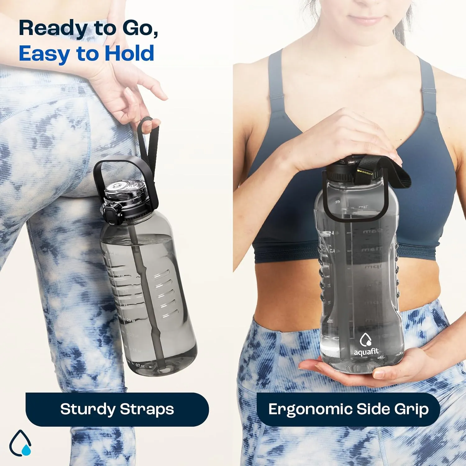 AQUAFIT 64 oz Water Bottle with Time Marker - 2in1 Straw & Chug Lid - BPA Free Big Water Bottle with Straw - Gym Water Bottle with Strap - Water Jug (64 Ounces, Midnight Gray)