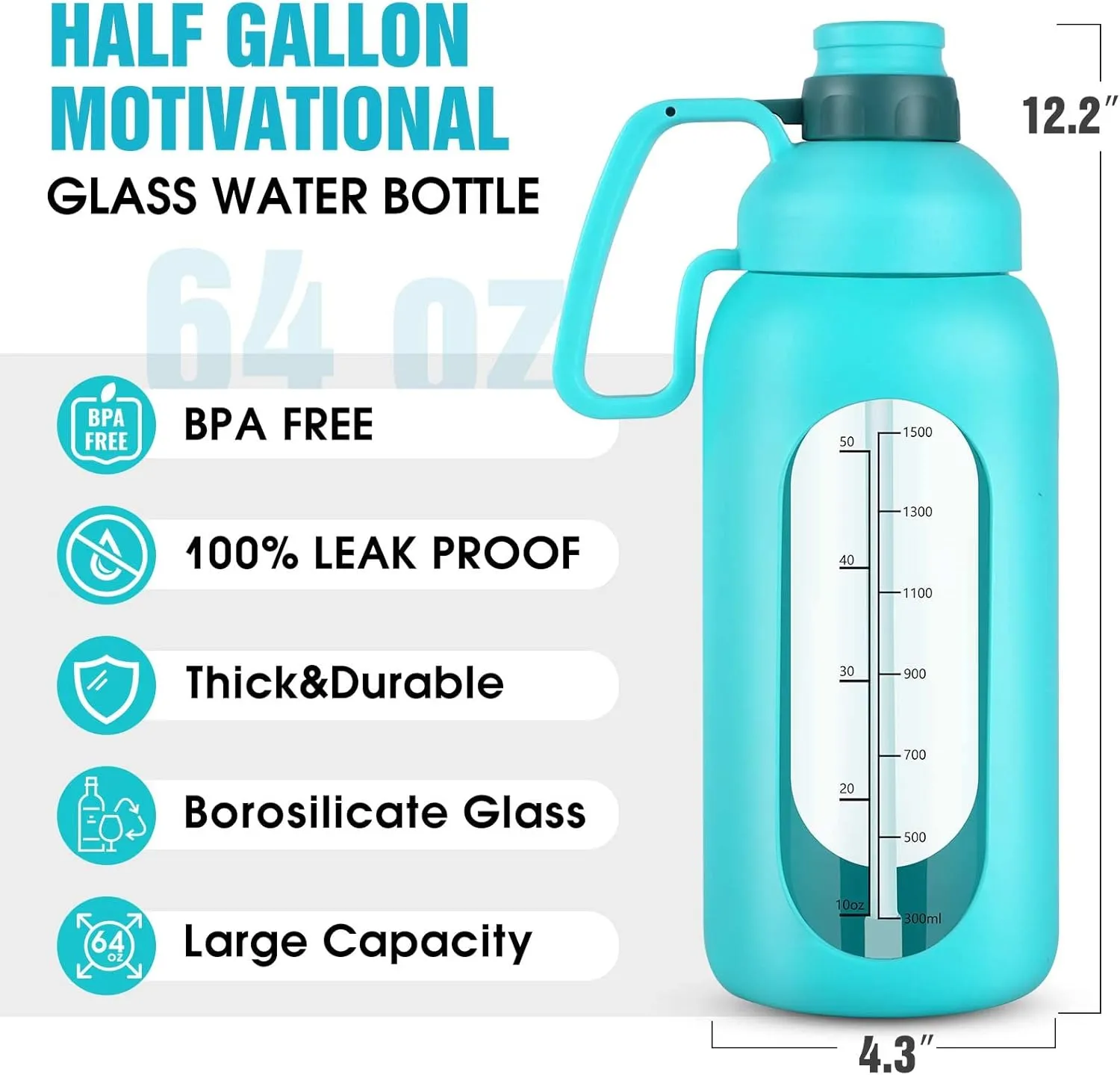 Aqulea Glass Water Bottles - 64 Oz Big Bottle with Straw, Pregnancy Tracker, Leakproof Gym Bottle with Sleeve, Water Jug with Time Marker