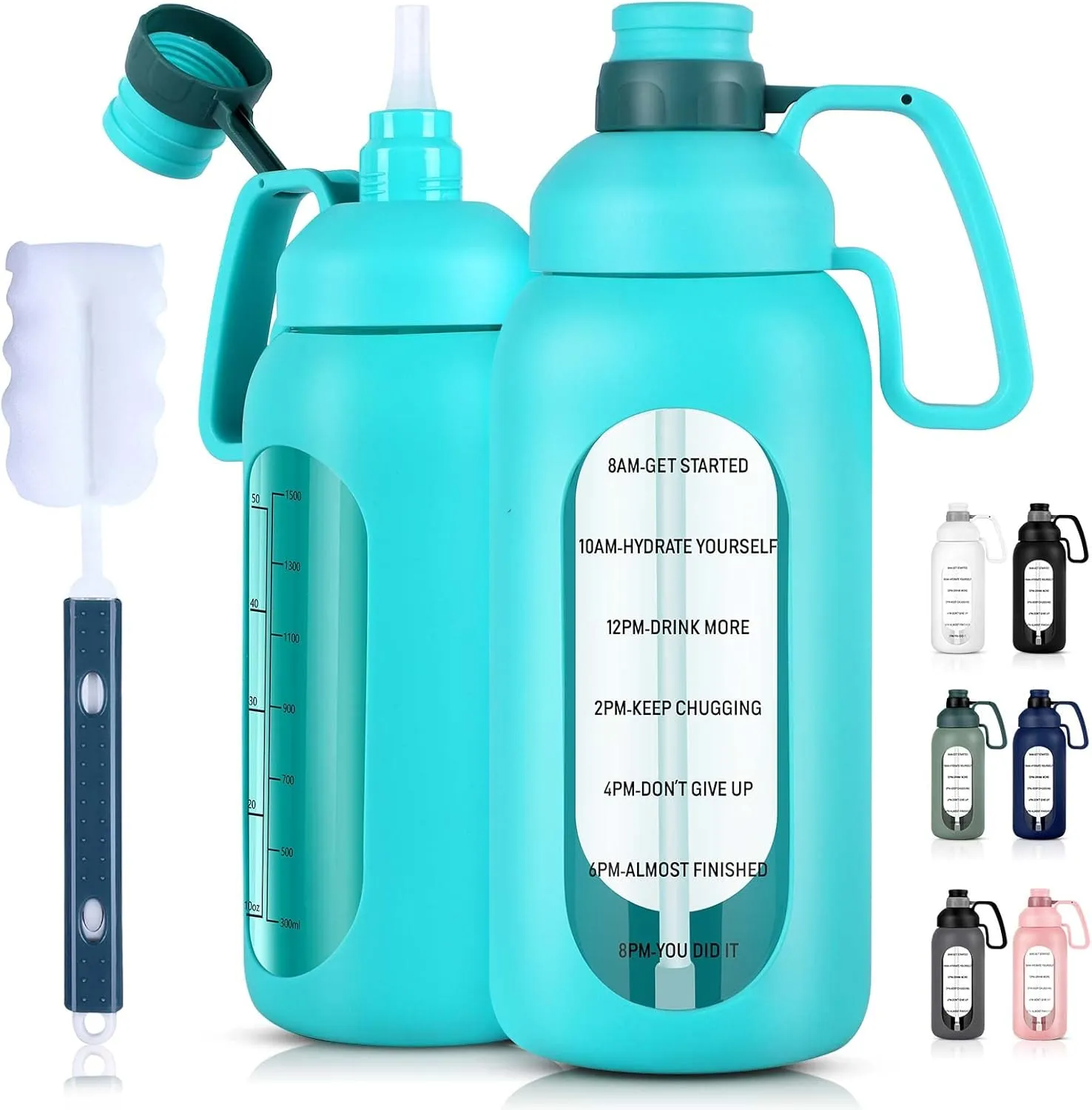 Aqulea Glass Water Bottles - 64 Oz Big Bottle with Straw, Pregnancy Tracker, Leakproof Gym Bottle with Sleeve, Water Jug with Time Marker
