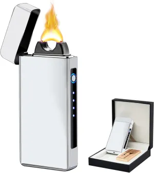 Arc Lighter Rechargeable Electric Lighter Plasma USB Lighter High Power Torch Electronic Lighter Cool Windproof Candle Lighter with Battery Indicator for Candles, Fireworks, Incense (Sliver)