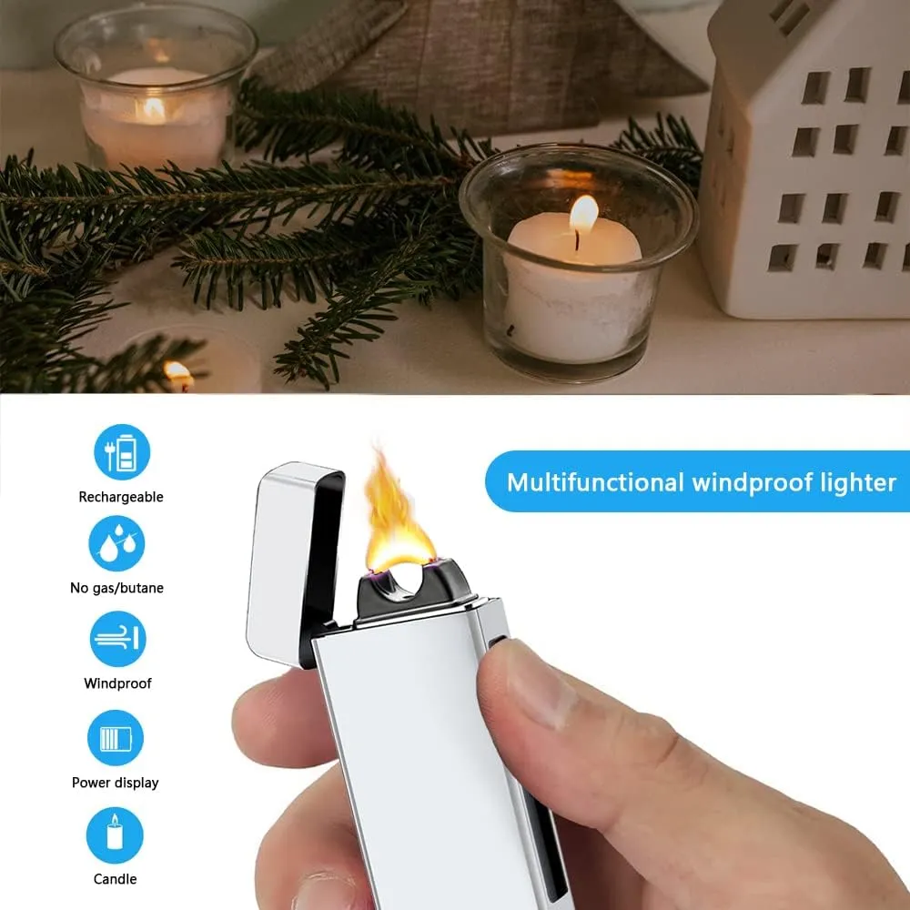 Arc Lighter Rechargeable Electric Lighter Plasma USB Lighter High Power Torch Electronic Lighter Cool Windproof Candle Lighter with Battery Indicator for Candles, Fireworks, Incense (Sliver)
