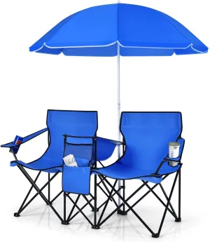 ARLIME Double Folding Beach Chairs, Outdoor Picnic Portable Loveseat Chairs with Removable umbrella & Mini Table Carrying Bag, Camping Chair for Patio, Pool, Park (Blue)