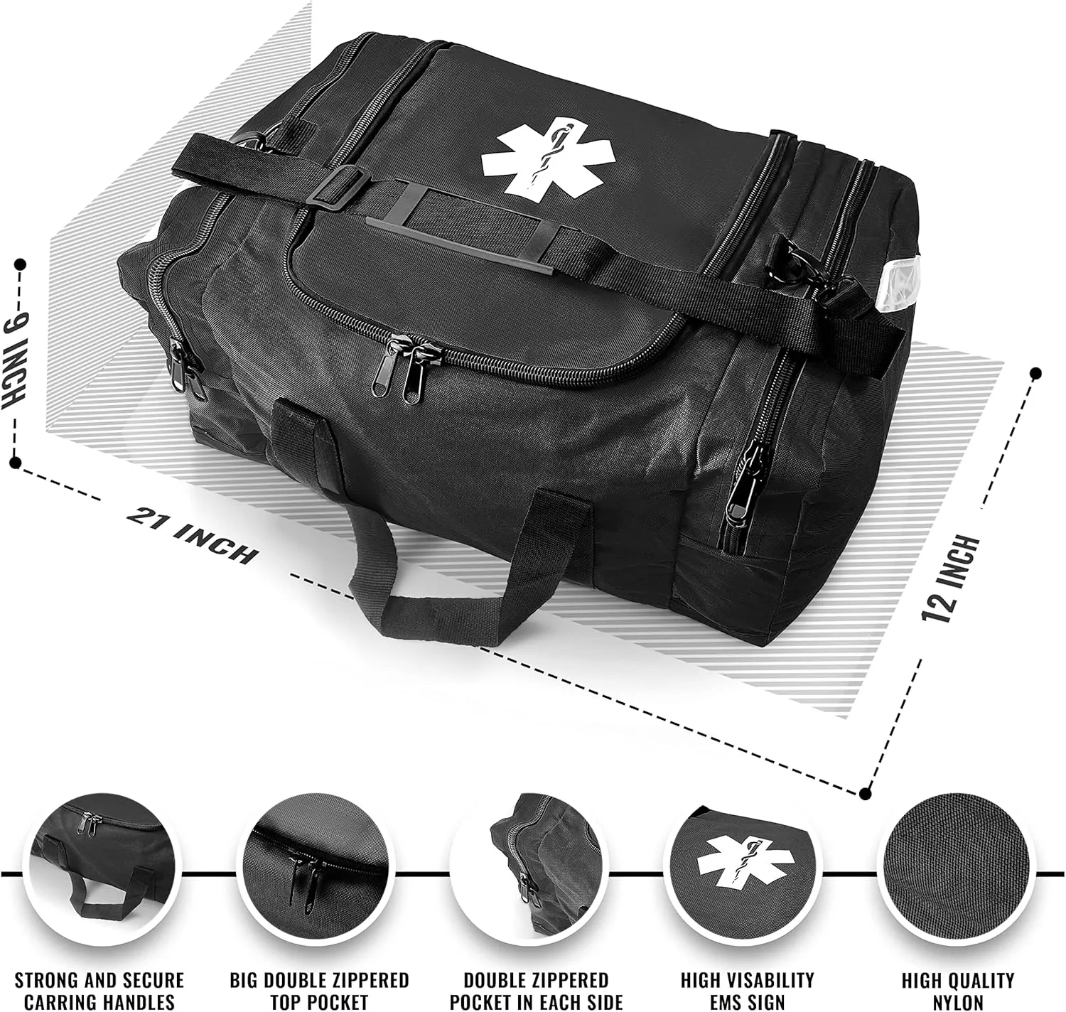ASA TECHMED Large EMT First Responder Trauma Medical Bag Empty for Home 21x12x9 Inches, Office, School, EMTs, Paramedics, First Responders, Black