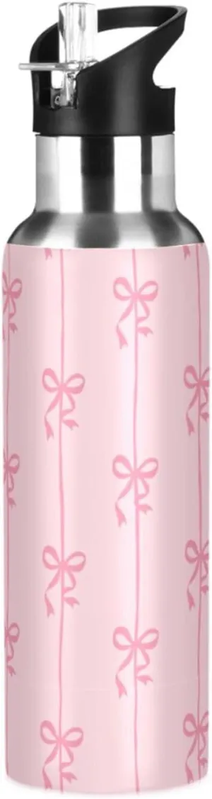 Aslsiy 32oz Sports Water Bottle Ribbons Bow Coquette Insulated Water Bottle Pink Stainless Steel Gym Bottle Metal Water Flask Thermos