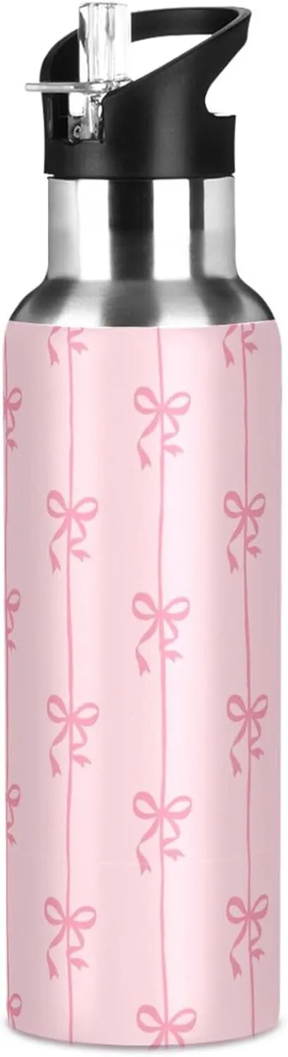 Aslsiy 32oz Sports Water Bottle Ribbons Bow Coquette Insulated Water Bottle Pink Stainless Steel Gym Bottle Metal Water Flask Thermos