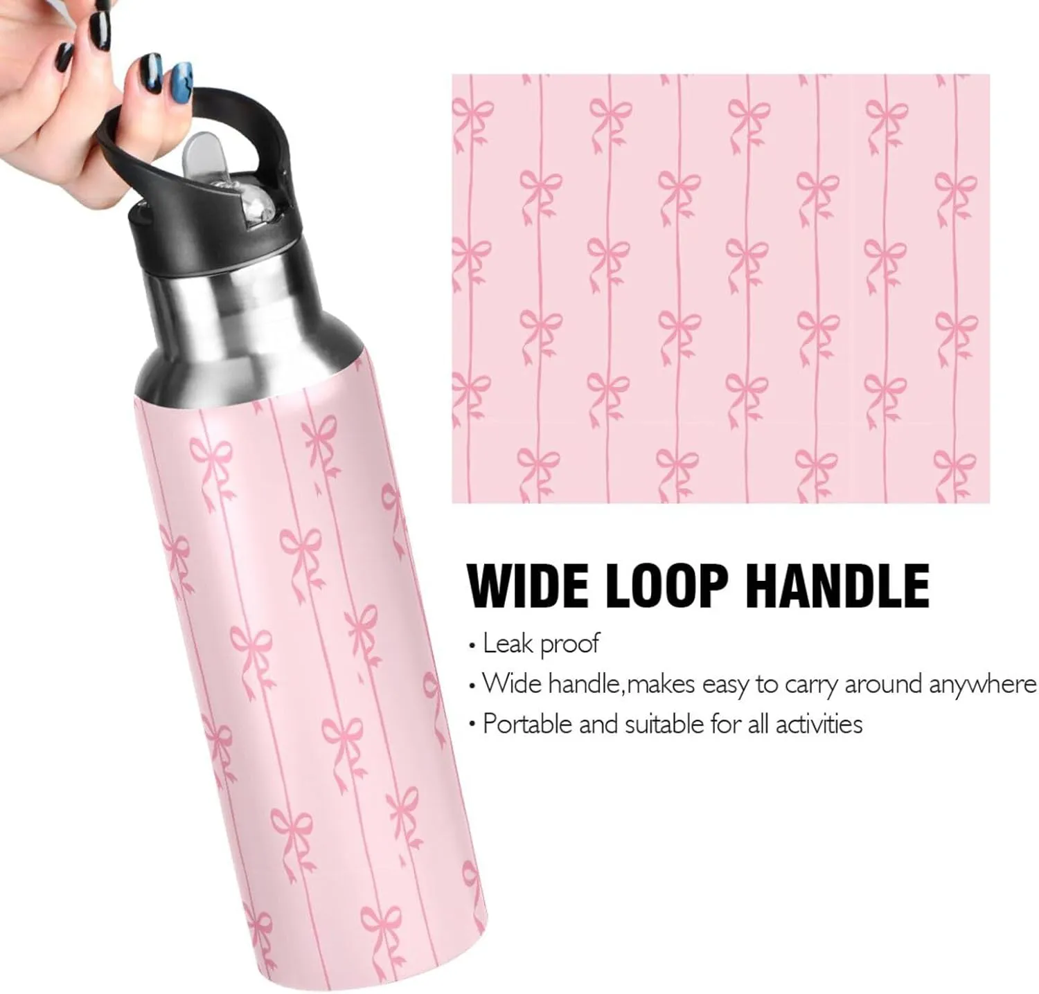Aslsiy 32oz Sports Water Bottle Ribbons Bow Coquette Insulated Water Bottle Pink Stainless Steel Gym Bottle Metal Water Flask Thermos