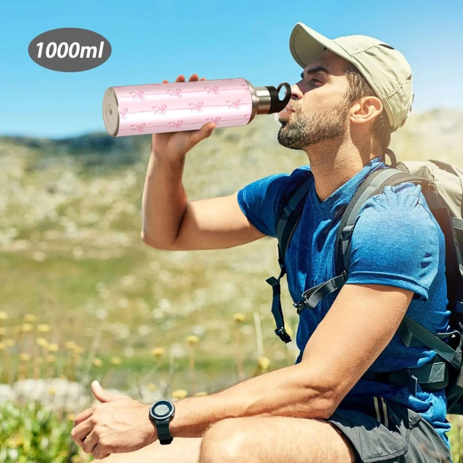 Aslsiy 32oz Sports Water Bottle Ribbons Bow Coquette Insulated Water Bottle Pink Stainless Steel Gym Bottle Metal Water Flask Thermos