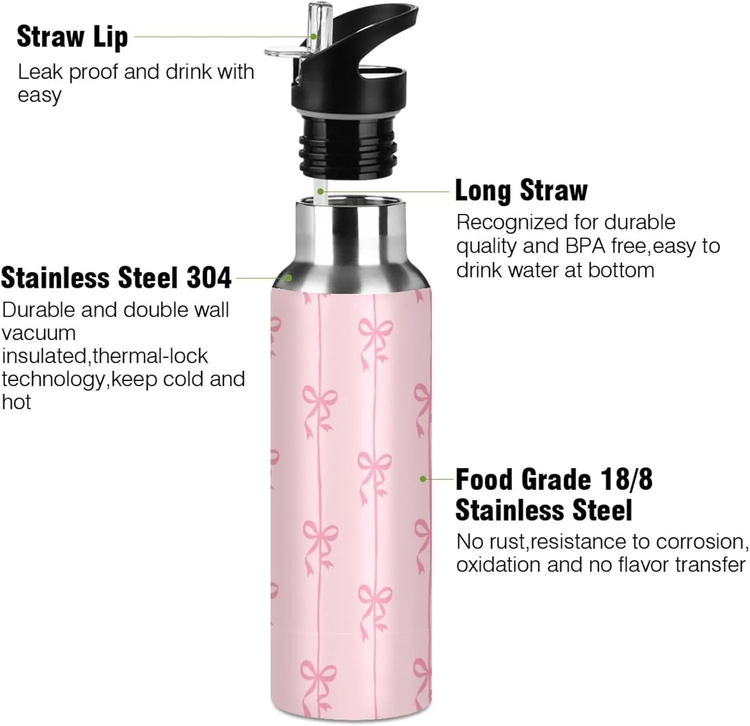 Aslsiy 32oz Sports Water Bottle Ribbons Bow Coquette Insulated Water Bottle Pink Stainless Steel Gym Bottle Metal Water Flask Thermos