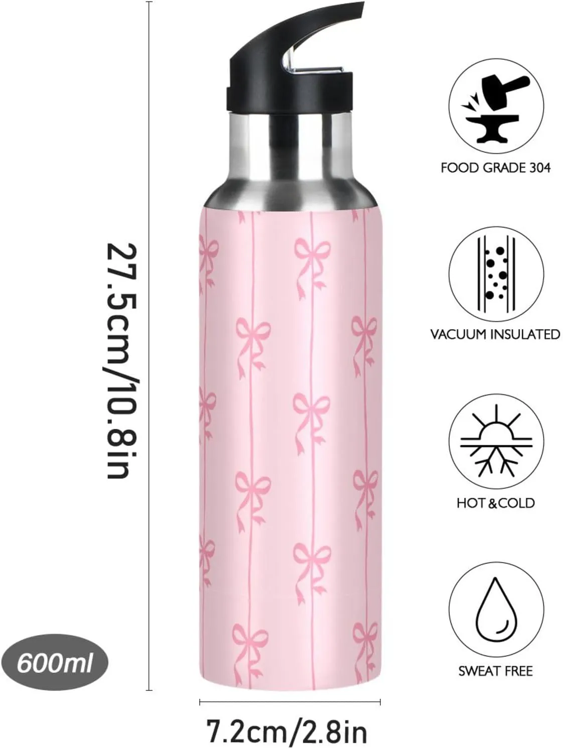 Aslsiy 32oz Sports Water Bottle Ribbons Bow Coquette Insulated Water Bottle Pink Stainless Steel Gym Bottle Metal Water Flask Thermos