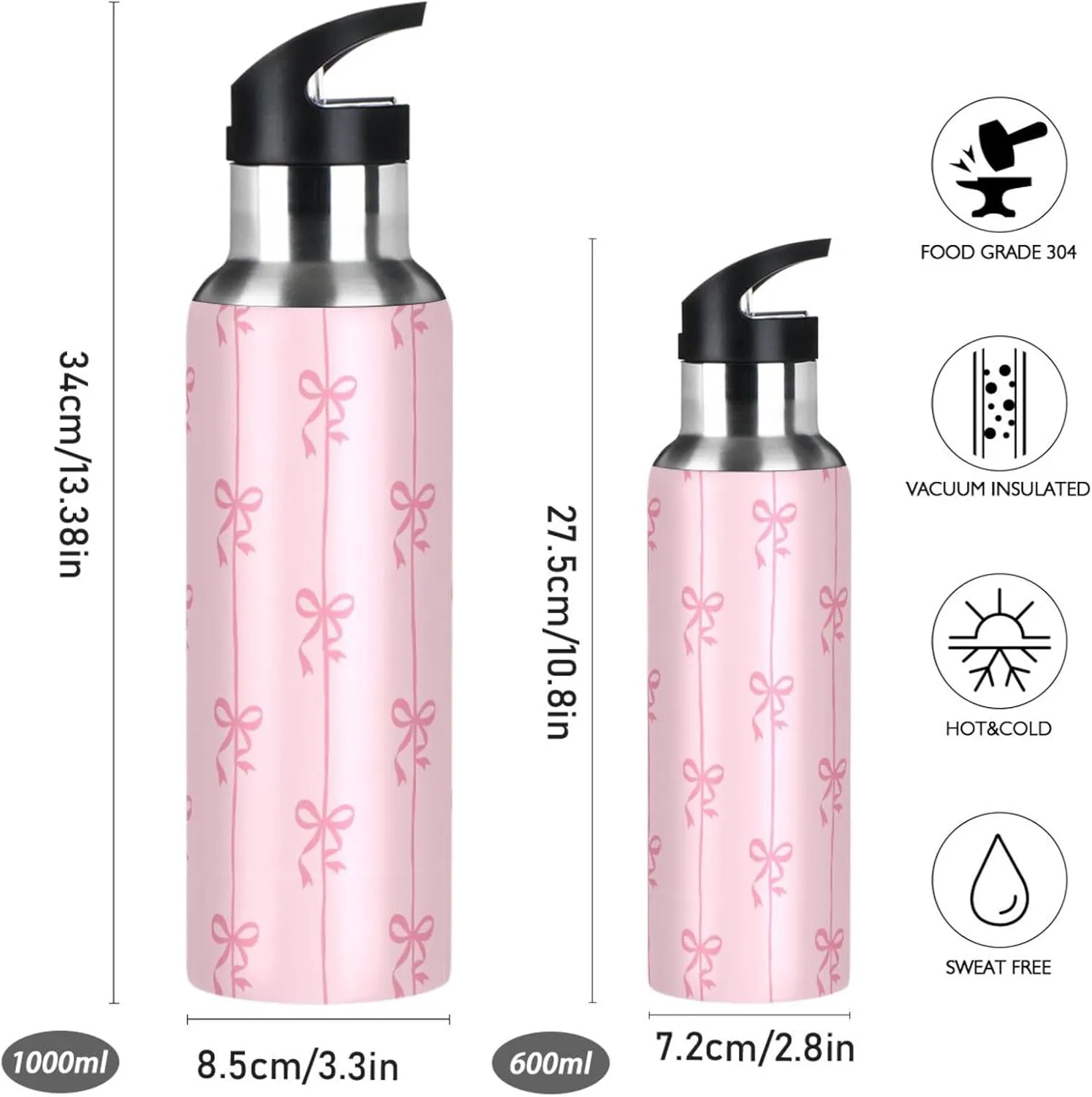 Aslsiy 32oz Sports Water Bottle Ribbons Bow Coquette Insulated Water Bottle Pink Stainless Steel Gym Bottle Metal Water Flask Thermos