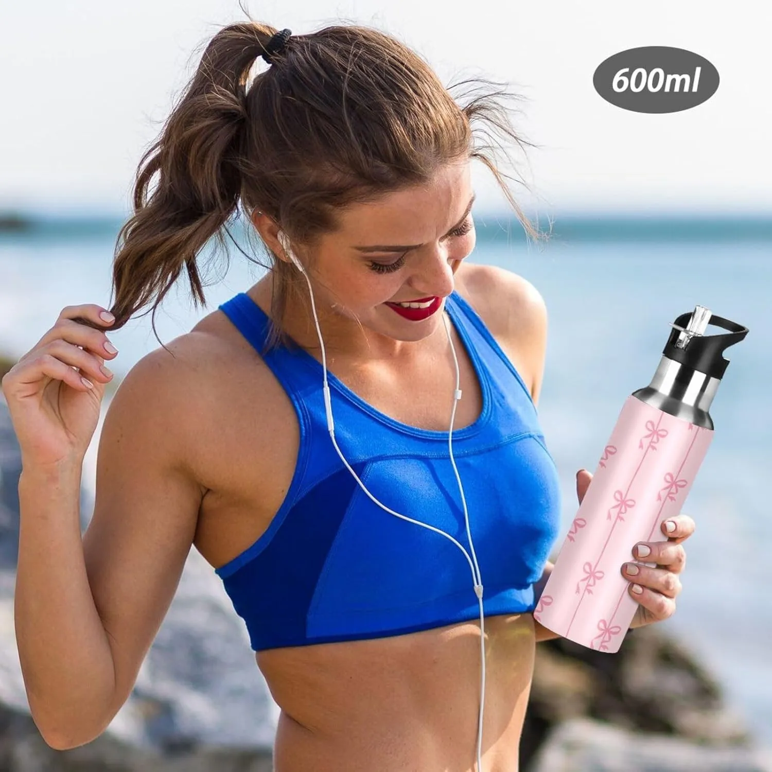 Aslsiy 32oz Sports Water Bottle Ribbons Bow Coquette Insulated Water Bottle Pink Stainless Steel Gym Bottle Metal Water Flask Thermos