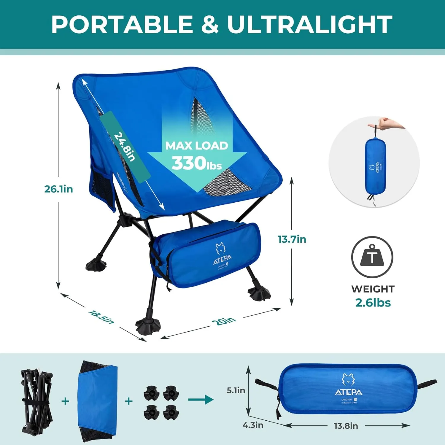 ATEPA Backpacking Chair, Ultralight Folding Portable Small Camping Chairs for Adults Compact Foldable Beach Seat with Anti-Sinking Feet & Aluminum Frame for Outdoor Hiking Travel Fishing