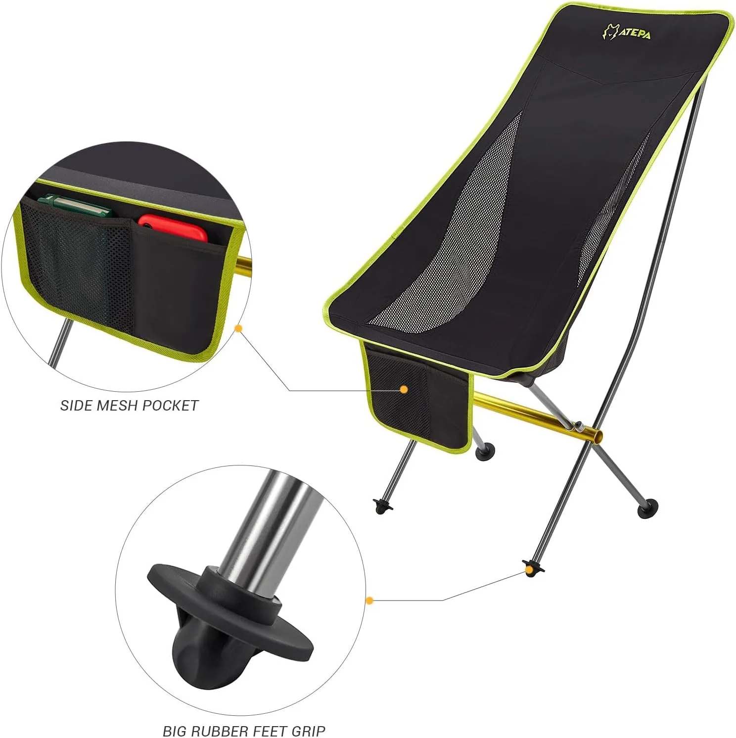 ATEPA Backpacking Chair, Ultralight Folding Portable Small Camping Chairs for Adults Compact Foldable Beach Seat with Anti-Sinking Feet & Aluminum Frame for Outdoor Hiking Travel Fishing