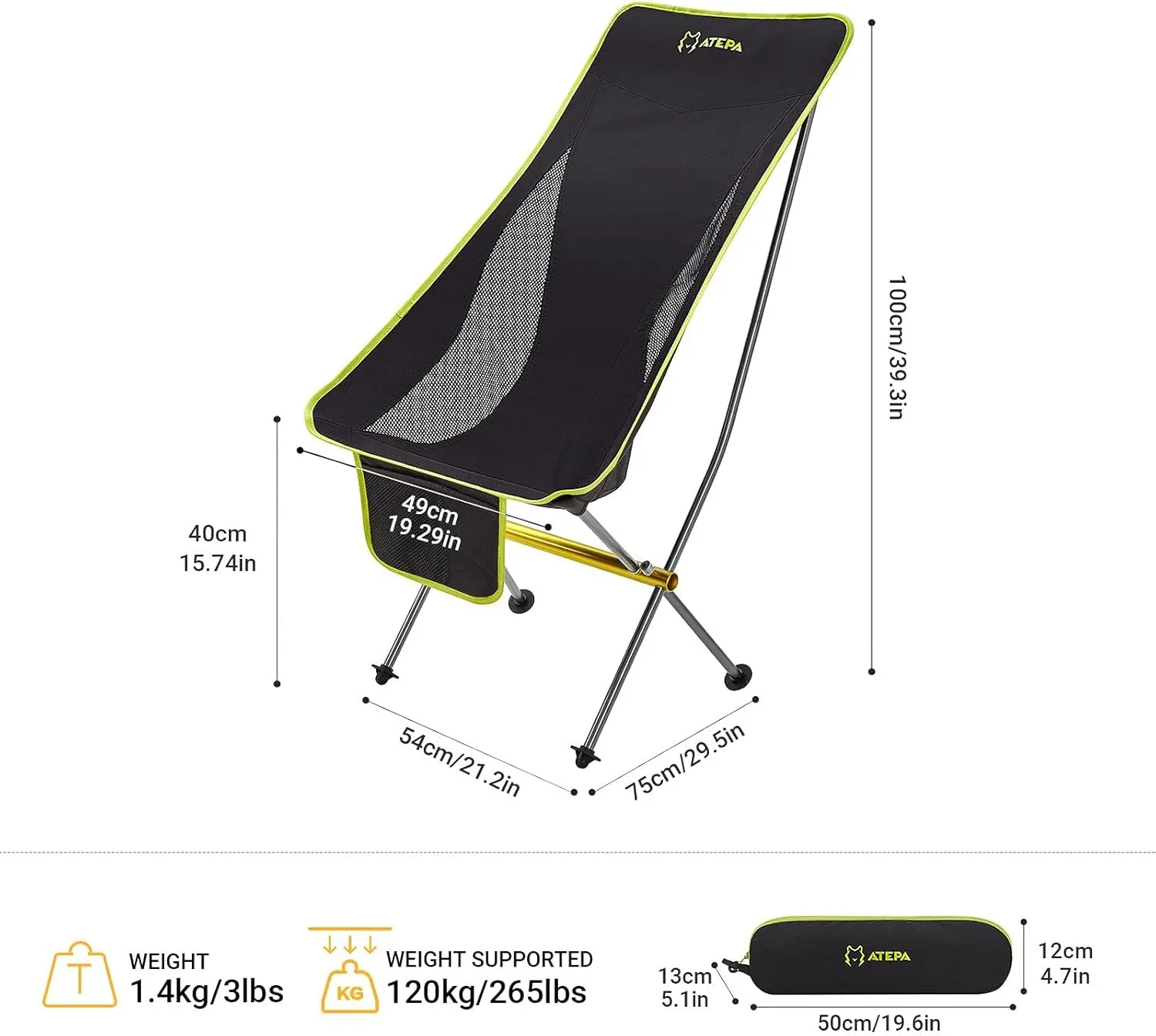 ATEPA Backpacking Chair, Ultralight Folding Portable Small Camping Chairs for Adults Compact Foldable Beach Seat with Anti-Sinking Feet & Aluminum Frame for Outdoor Hiking Travel Fishing