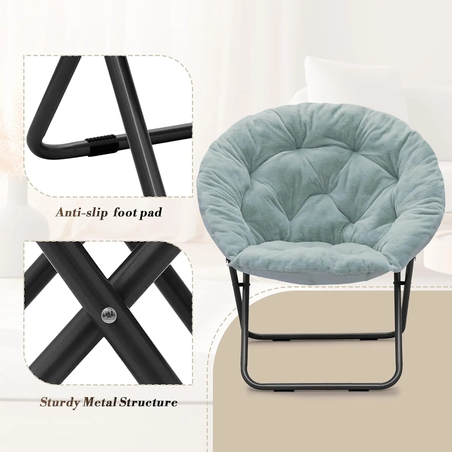 Athena Collection Comfy Saucer Chair, Folding Round Cozy Chair for Bedroom Living Room Faux Fur Reading Chair, Foldable Metal Frame Oversized Padded Lazy Chair Moon Chair for Adult, Teal