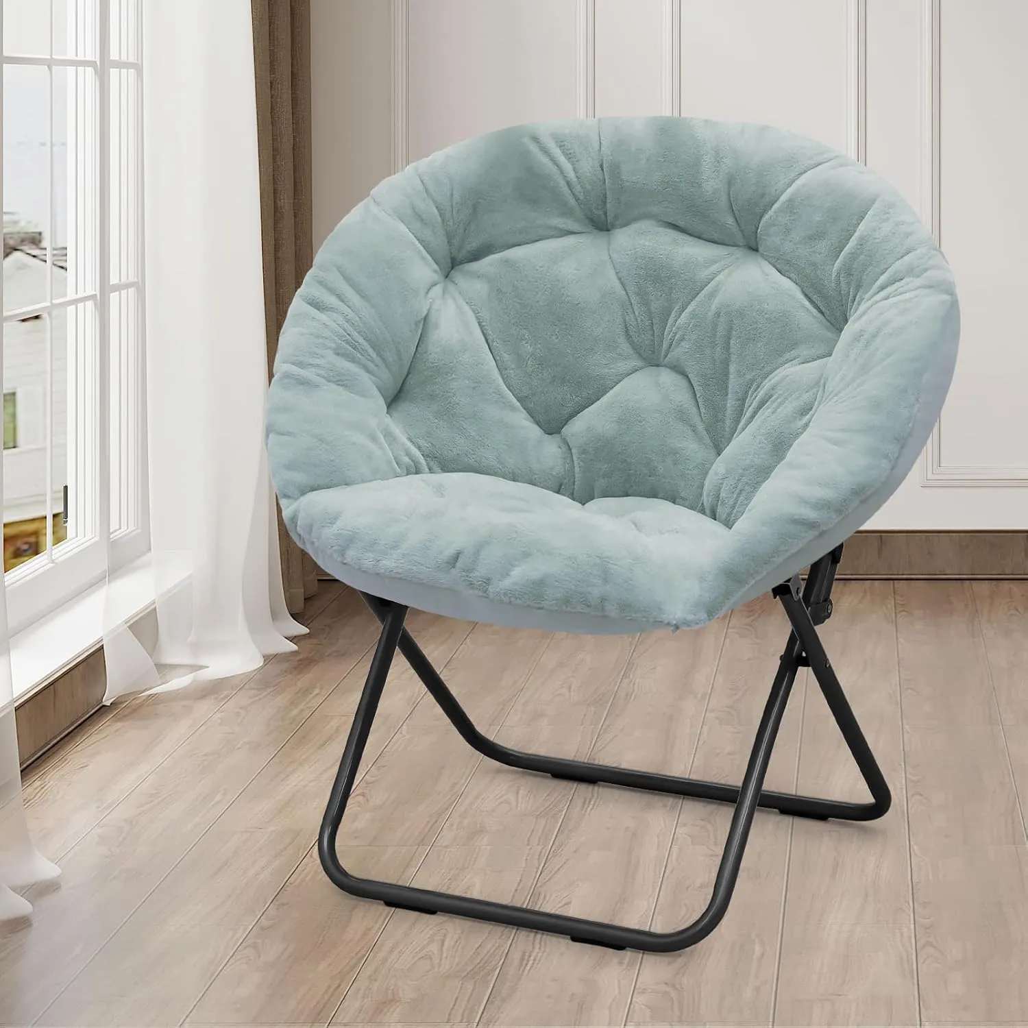 Athena Collection Comfy Saucer Chair, Folding Round Cozy Chair for Bedroom Living Room Faux Fur Reading Chair, Foldable Metal Frame Oversized Padded Lazy Chair Moon Chair for Adult, Teal