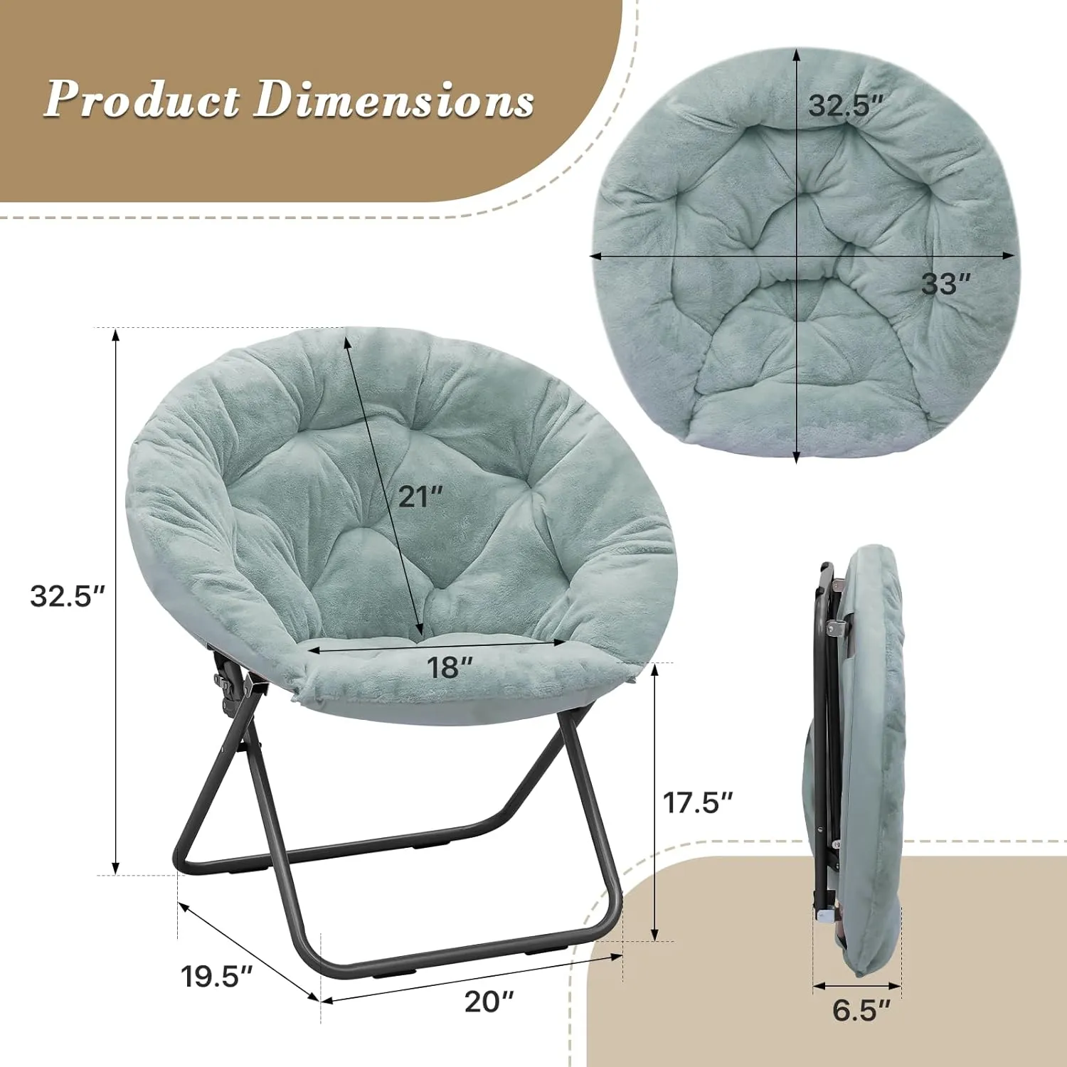 Athena Collection Comfy Saucer Chair, Folding Round Cozy Chair for Bedroom Living Room Faux Fur Reading Chair, Foldable Metal Frame Oversized Padded Lazy Chair Moon Chair for Adult, Teal