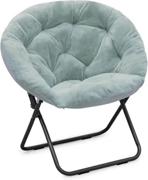 Athena Collection Comfy Saucer Chair, Folding Round Cozy Chair for Bedroom Living Room Faux Fur Reading Chair, Foldable Metal Frame Oversized Padded Lazy Chair Moon Chair for Adult, Teal
