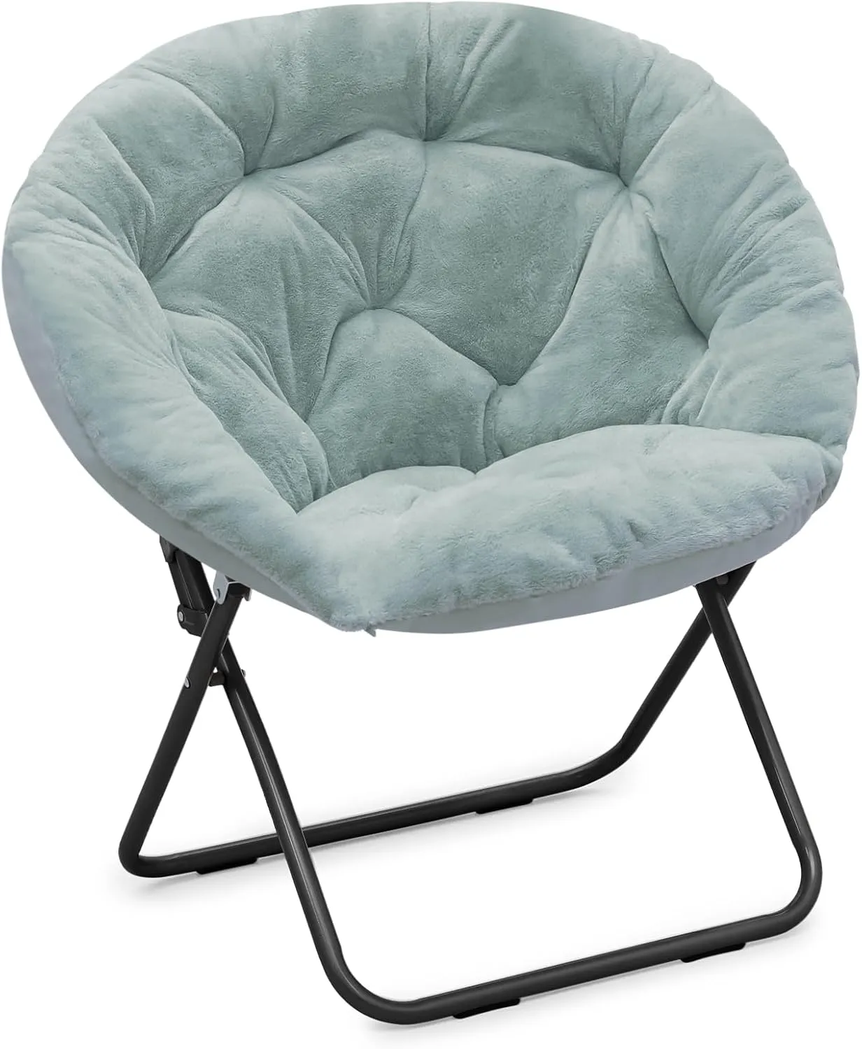 Athena Collection Comfy Saucer Chair, Folding Round Cozy Chair for Bedroom Living Room Faux Fur Reading Chair, Foldable Metal Frame Oversized Padded Lazy Chair Moon Chair for Adult, Teal