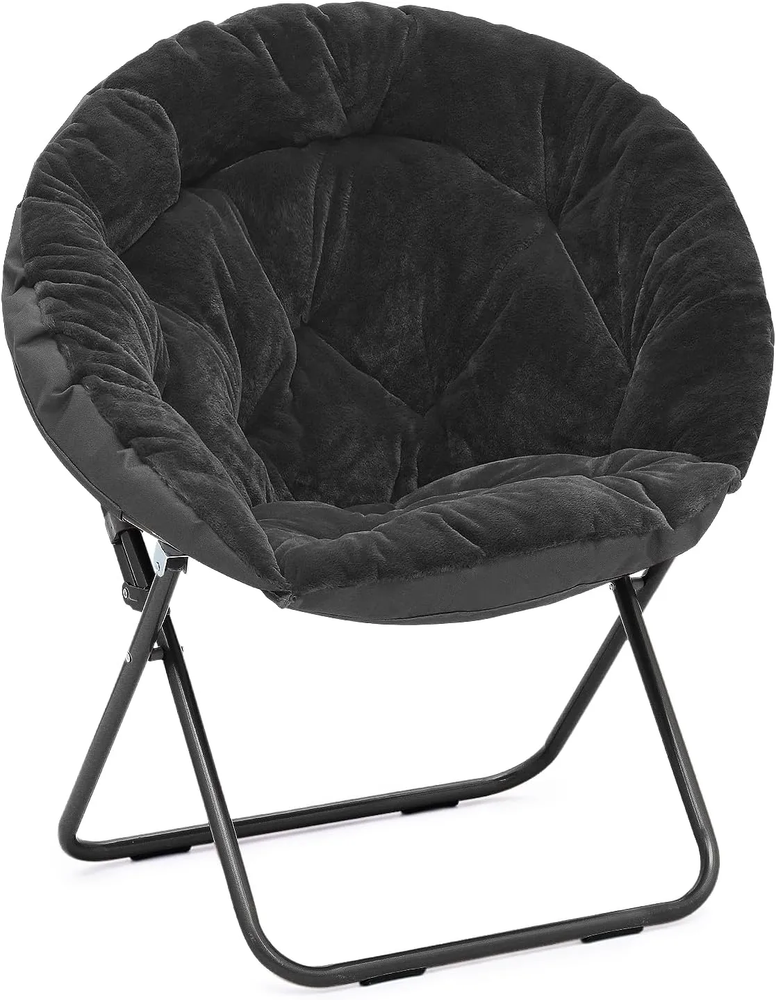 Athena Collection Comfy Saucer Chair, Folding Round Cozy for Bedroom Living Room, Faux Fur Reading, Foldable Metal Frame Oversized Padded Lazy Moon for Adult, Black
