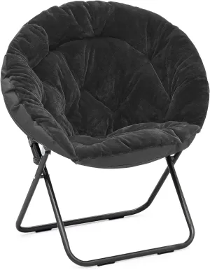 Athena Collection Comfy Saucer Chair, Folding Round Cozy for Bedroom Living Room, Faux Fur Reading, Foldable Metal Frame Oversized Padded Lazy Moon for Adult, Black