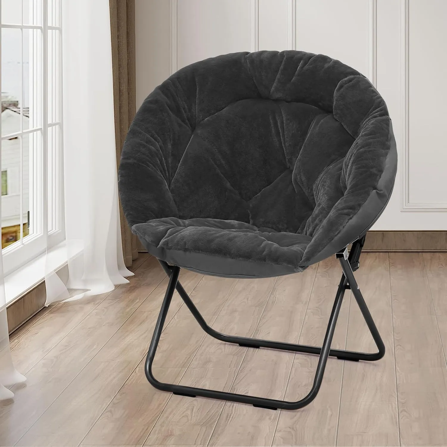 Athena Collection Comfy Saucer Chair, Folding Round Cozy for Bedroom Living Room, Faux Fur Reading, Foldable Metal Frame Oversized Padded Lazy Moon for Adult, Black