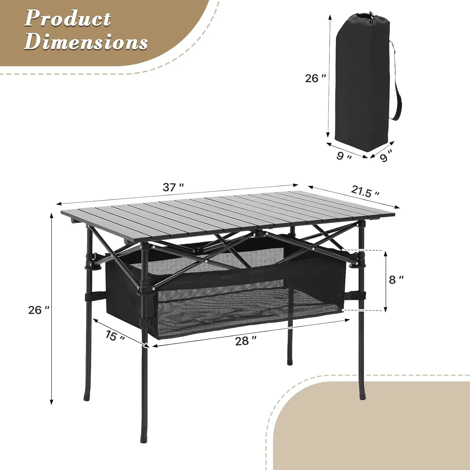 Athena Collection Folding Camping Table with Storage, Outdoor Aluminum Camping Side Table with Carry Bag, Foldable Lightweight Camp Table Portable Roll Up Table for Picnic Hiking Backpacking BBQ