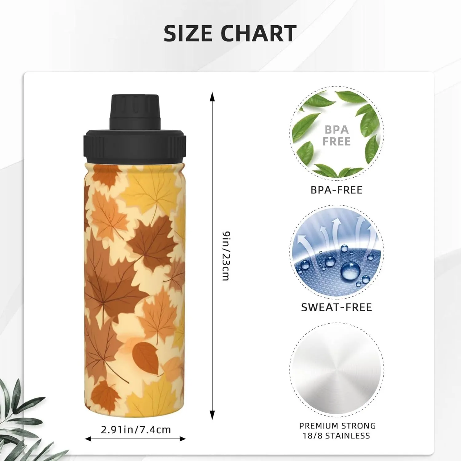 Autumn Maple Leaves 18 oz Stainless Steel Water Bottles Insulated Sports Water Bottle with Spout Lid, Thanksgiving Double Wall Travel Water Flask for Running Hiking Fishing