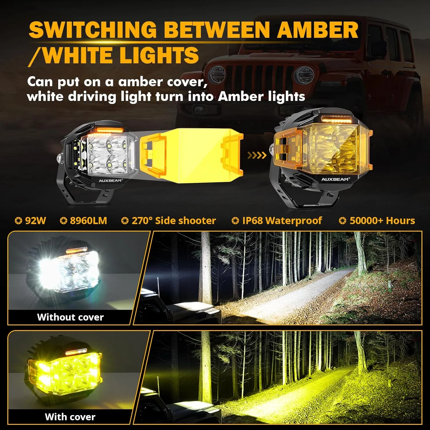 Auxbeam V-MAX Series 4in 92W Round LED Pods with Amber Covers, Side Shooter LED Offroad Driving Light with DRL, 270° Combo Beam Pattern Universal Auxiliary Light for Truck ATV Wrangler Ford Pickup