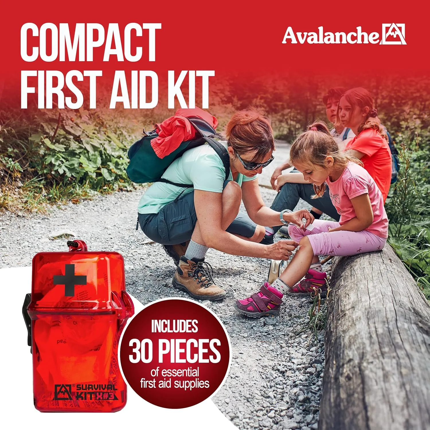 Avalanche Mini First Aid Kit, 30 Pcs Emergency Supplies Kit in Waterproof Case for Home, Car, Travel, Sports or Camping, First Aid Kit in Hard Case & Carabiner, Red