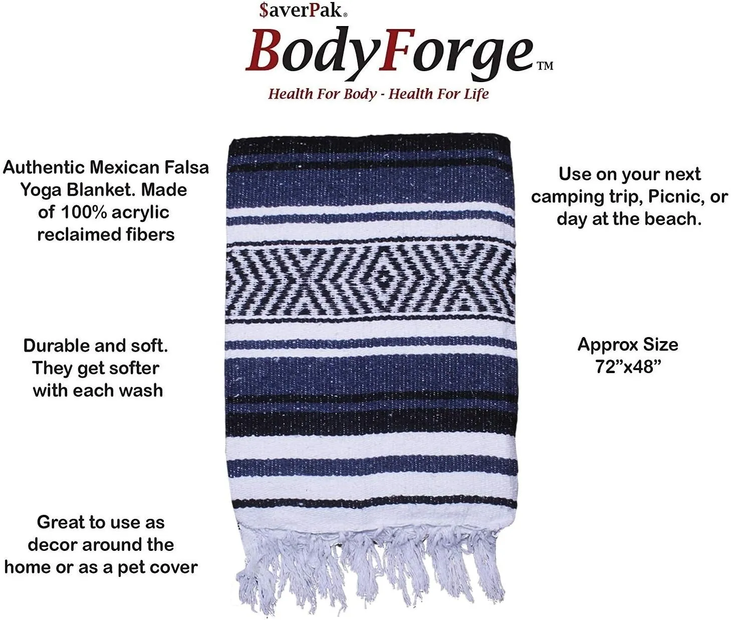 $averPak BodyForge Authentic Mexican Falsa Yoga Blanket (Blue/Black/White)