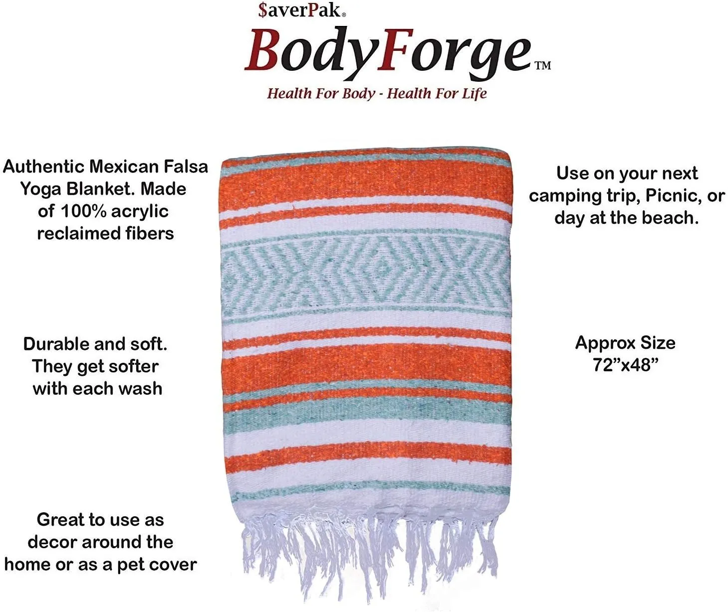 $averPak BodyForge Authentic Mexican Falsa Yoga Blanket (Orange/Teal/White)