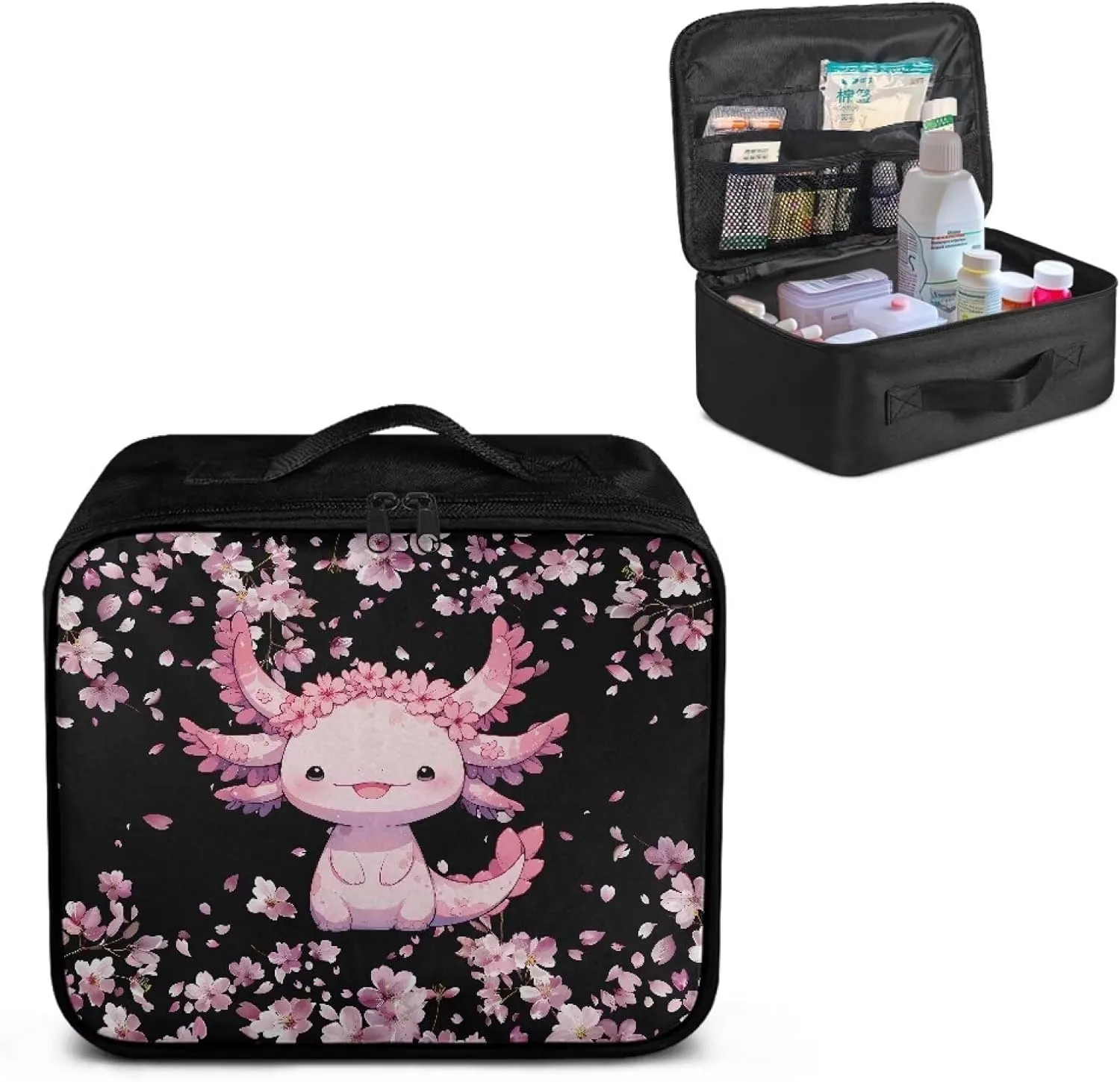 Axolotl First Aid Bag Empty Cute Travel Medicine Bag Cherry Blossoms First Aid Pouches Empty Medium Medical Storage Bag for Camping Hiking Home Travel